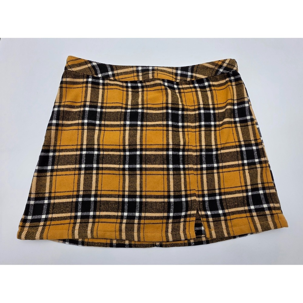 No Boundaries Mustard Yellow Plaid Mini Skirt XXL 19 Front Slit Back Zip Flannel
